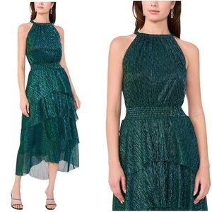 1. State Green Halter Metallic Crinkle Maxi Layered Smocked Waist Large Gown